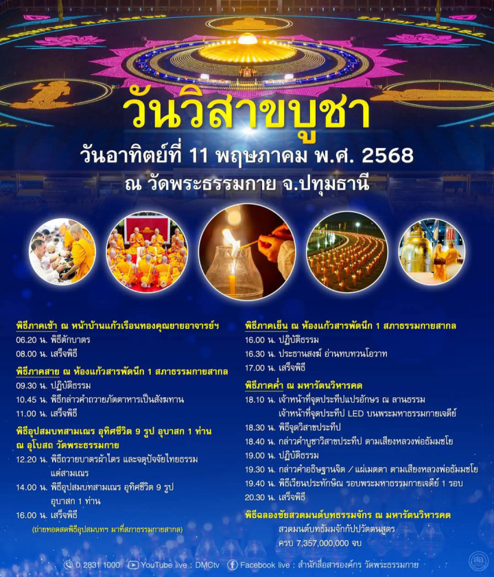 กำหนดการวันวิสาขบูชา  วันอาทิตย์ที่ 11 พฤษภาคม พ.ศ. 2568  ณ วัดพระธรรมกาย จ.ปทุมธานี
