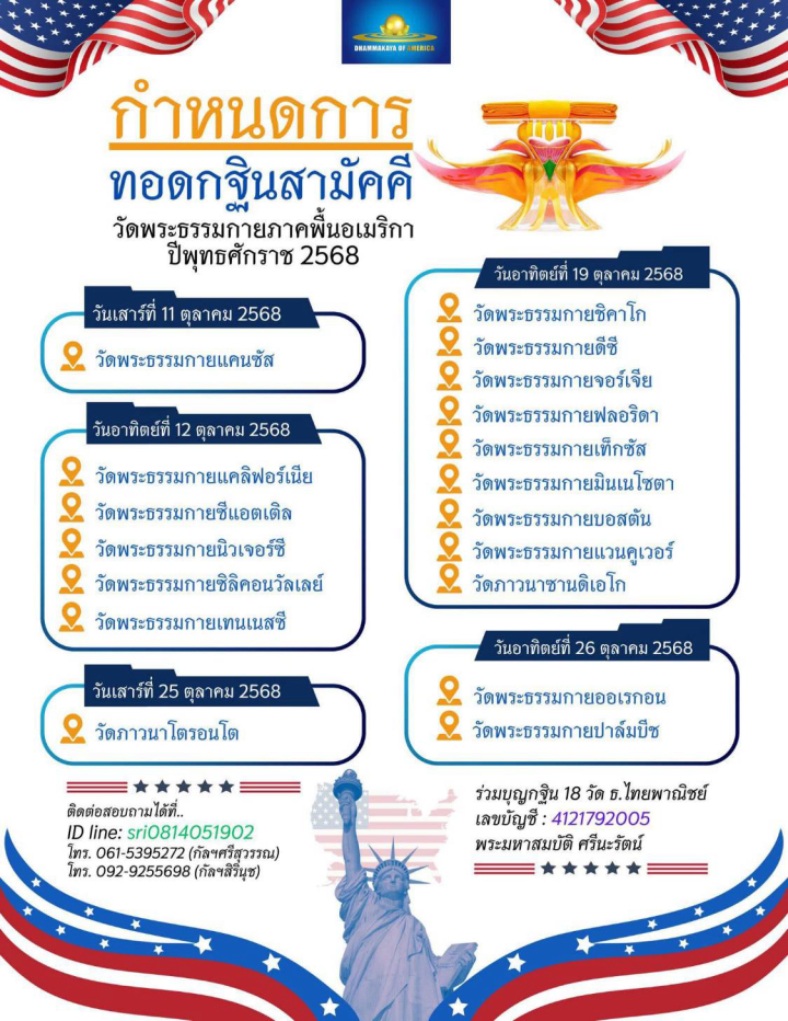 วันทอดกฐินสามัคคี 18 วัด ศูนย์สาขาวัดพระธรรมกาย ภาคพื้นอเมริกา ปีพุทธศักราช 2568