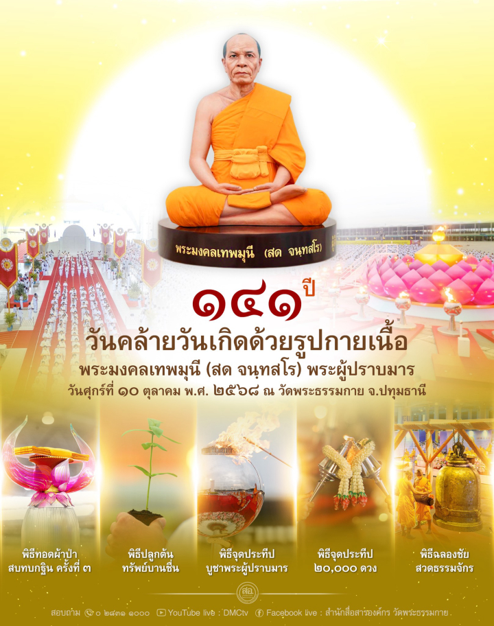 กำหนดการ 141 ปี วันคล้ายวันเกิดด้วยรูปกายเนื้อ พระมงคลเทพมุนี (สด จนฺทสโร) พระผู้ปราบมาร