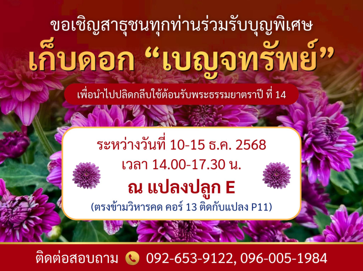ขอเชิญสาธุชนร่วมรับบุญพิเศษ เก็บดอก “เบญจทรัพย์” เพื่อนำไปปลิดกลีบ ใช้ต้อนรับพระธรรมยาตราปี ที่ 14