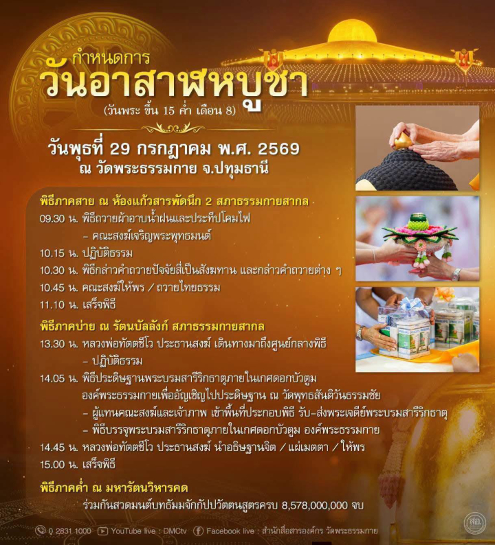 กำหนดการ วันอาสาฬหบูชา (วันพระ ขึ้น 15 ค่ำ เดือน 8)