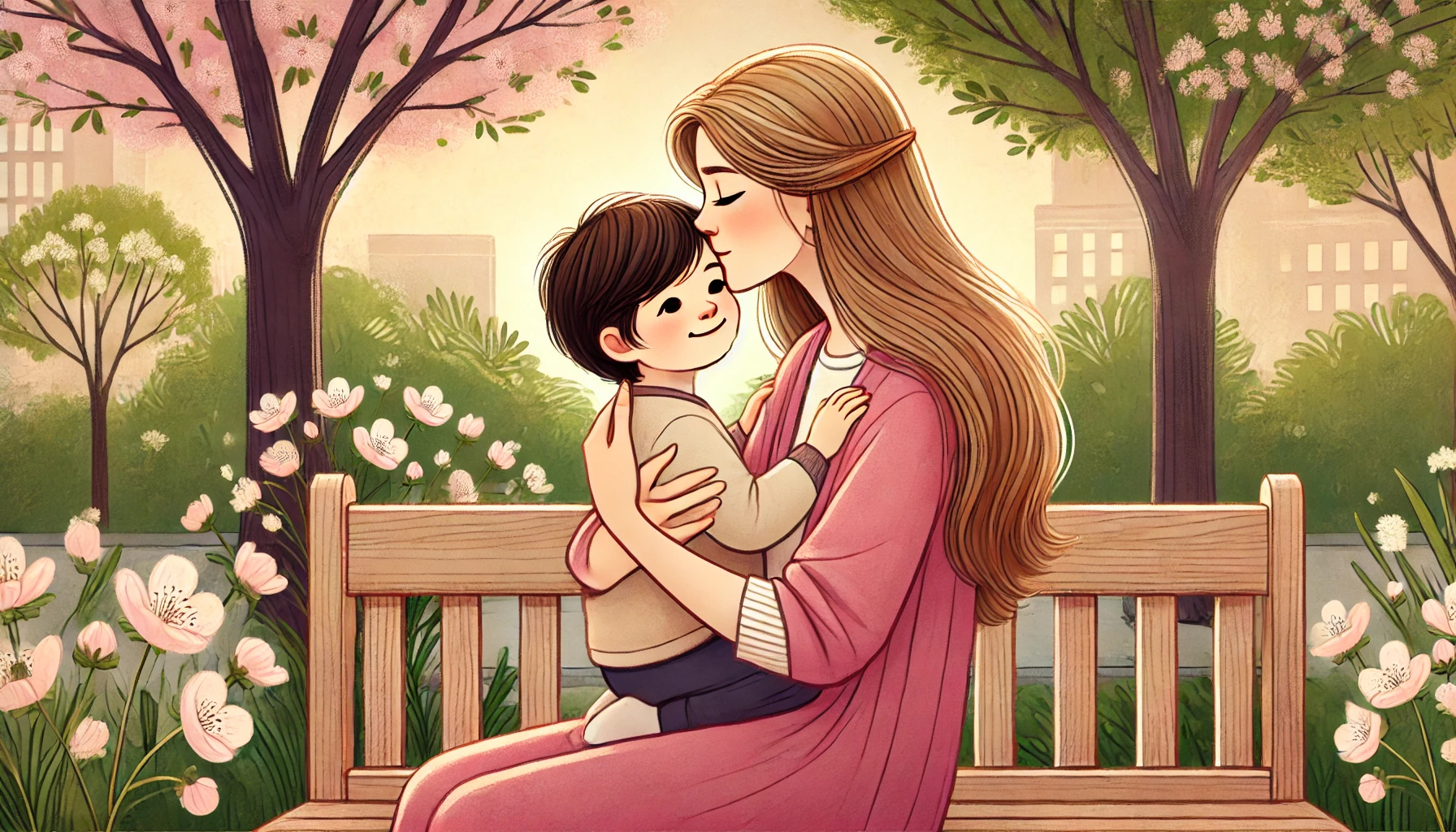 DALLÂ·E 2024-08-04 21.41.05 - A touching scene of a mother holding her child close while sitting on a wooden bench in a park. The mother gently kisses the child's forehead, and the copy.jpg