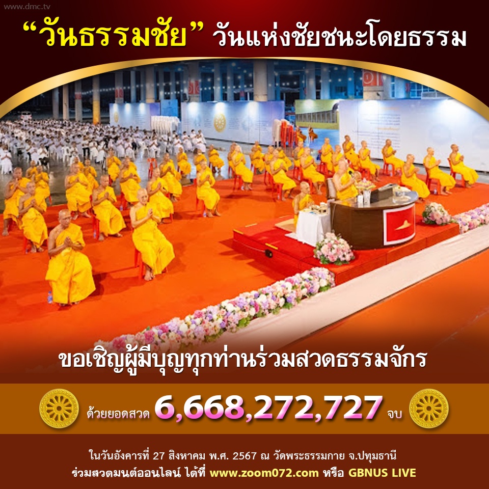 ร่วมสวดธรรมจักรบูชาธรรมพระผู้ชนะด้วยธรรม ด้วยยอดสวด 6,668,272,727 จบ