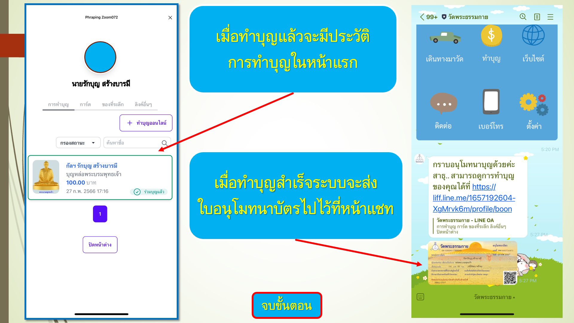 ขั้นตอนการทำบุญผ่าน line OA วัดพระธรรมกาย