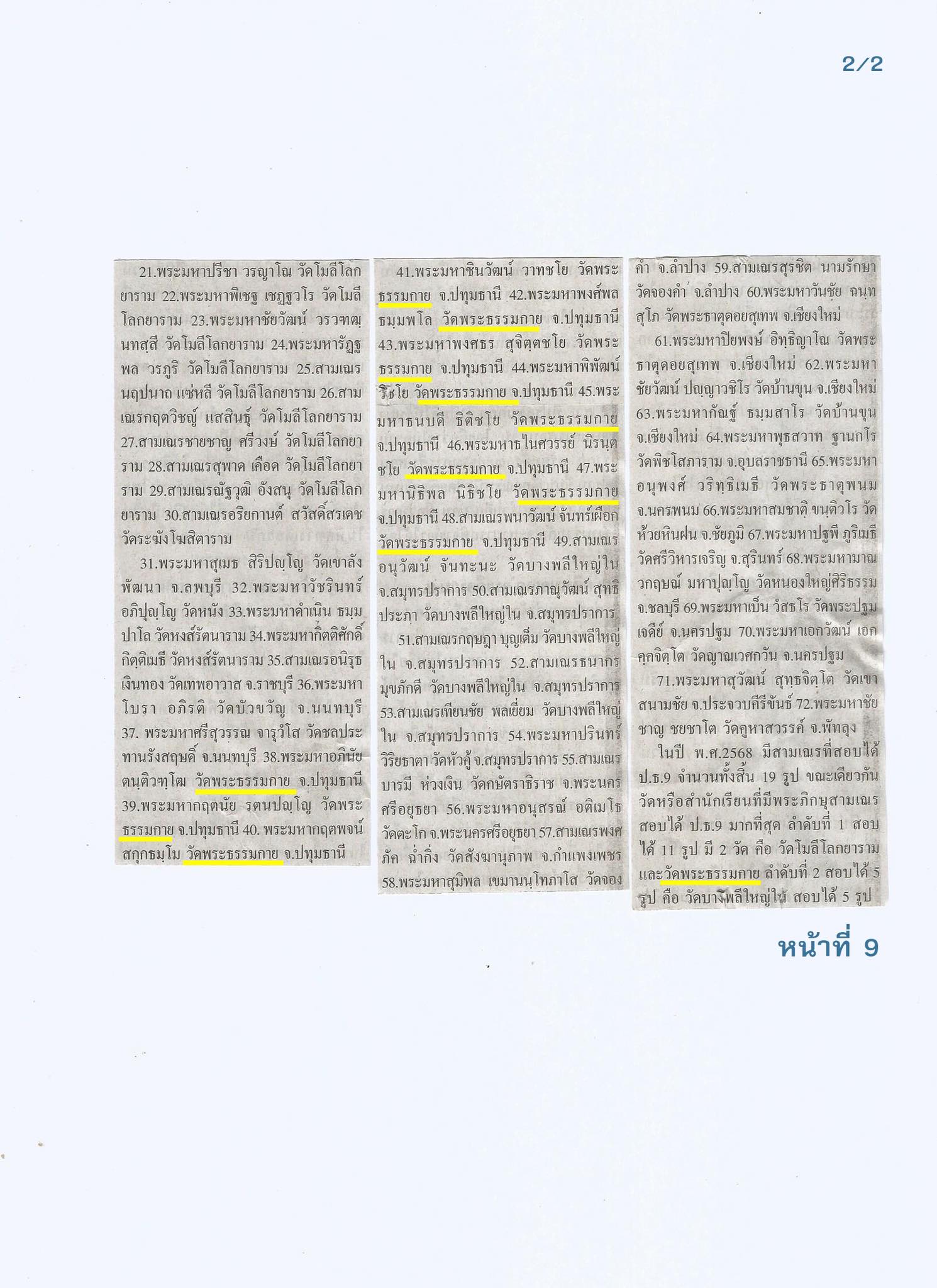 สื่อมวลชนเสนอข่าวงานบุญ ผลสอบเปรียญธรรม 9 ประโยค พระภิกษุสามเณร วัดโมลี-วัดพระธรรมกาย สอบได้วัดละ 11 รูป อันดับที่ 1 ของประเทศ