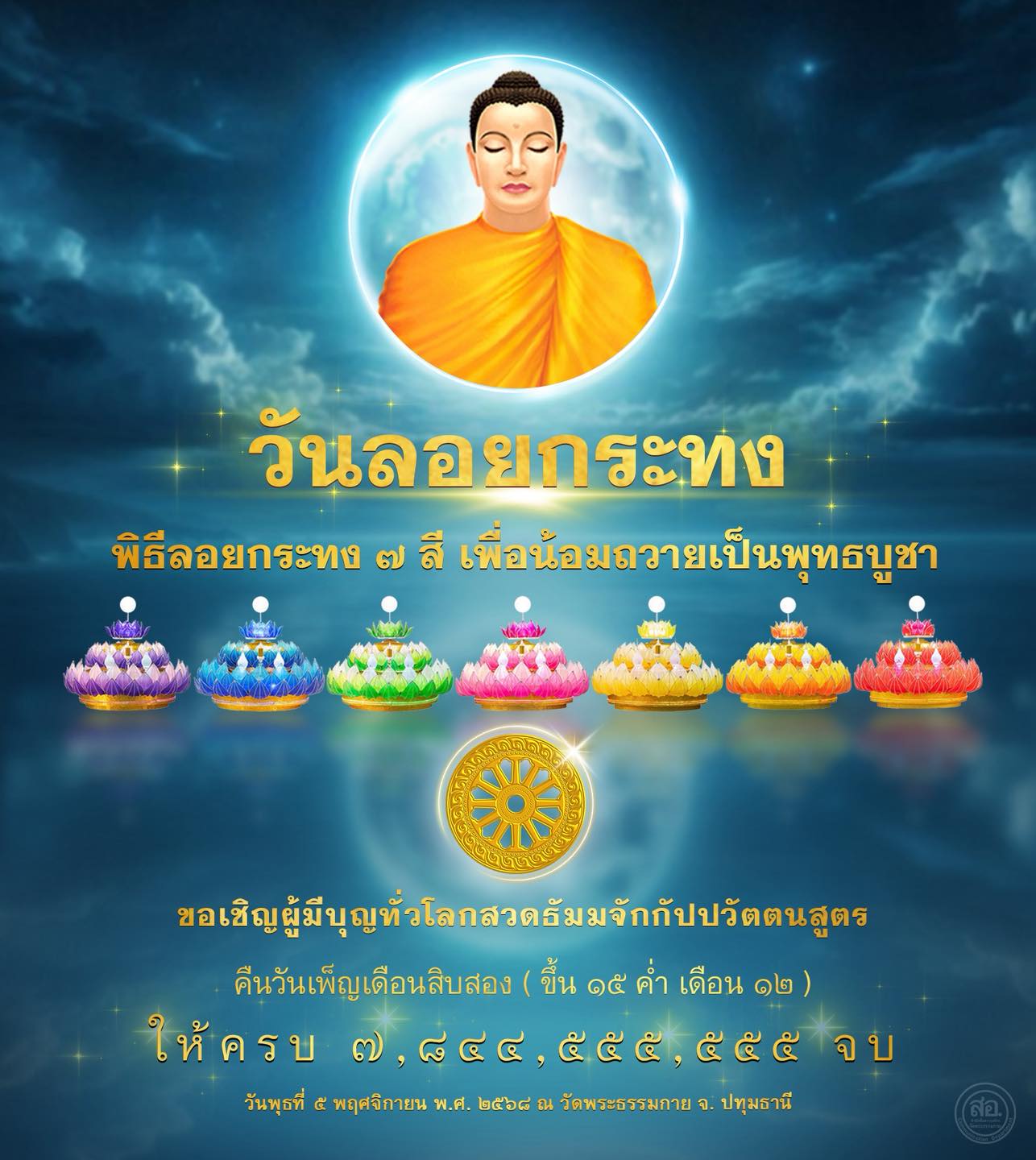 เป้ายอดสวด เนื่องในวันลอยกระทง ตรงกับวันพุธ ที่ 5 พฤศจิกายน พุทธศักราช 2568 ด้วยยอดสวด 7,844,555,555 จบ