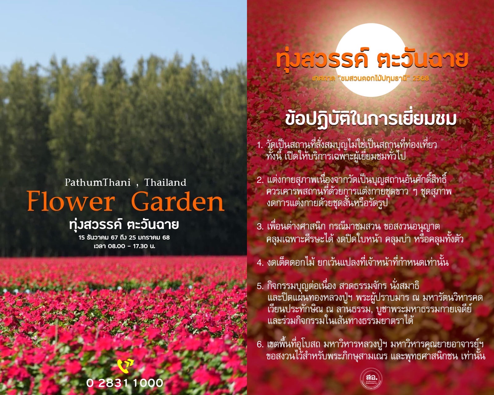 เทศกาลชมสวนดอกไม้ ประจำปี 2568 - 2569 ”ทุ่งสวรรค์ ตะวันฉาย“ วัดพระธรรมกาย จ.ปทุมธานี