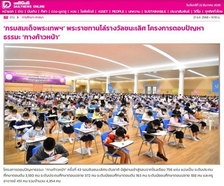 สื่อมวลชน 20 แห่ง เสนอข่าว “กรมสมเด็จพระเทพฯ“ พระราชทานโล่รางวัลชนะเลิศ โครงการตอบปัญหาธรรมะ “ทางก้าวหน้า” ครั้งที่ 43 ผู้ร่วมเข้า 6.6 แสนกว่าคน จากสถานศึกษา 3,269 แห่ง