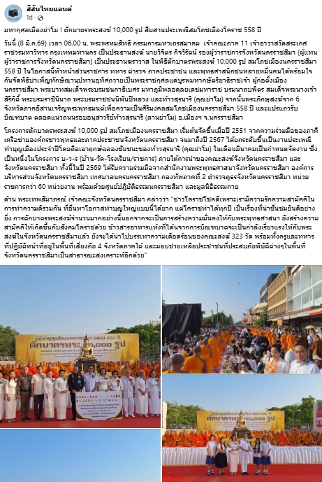 สื่อมวลชนไทยเสนอข่าวงานบุญ ตักบาตรมหากุศลพระสงฆ์ 10,000 รูป สมโภชเมืองโคราช 558 ปี