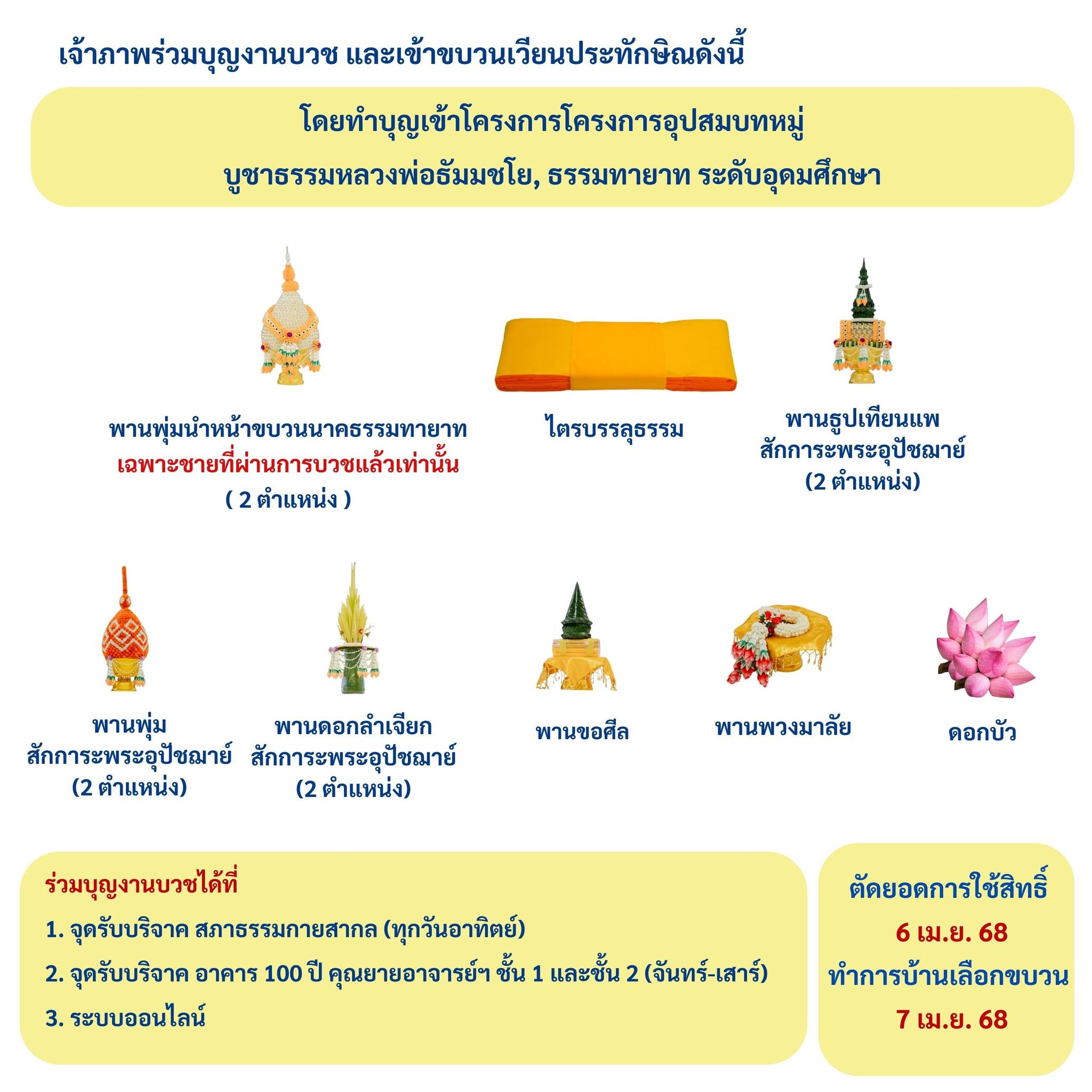 ขอเรียนเชิญร่วมเป็นเจ้าภาพงานบวช เข้าขบวนเวียนประทักษิณ โครงการอุปสมบทหมู่ บูชาธรรมหลวงพ่อธัมมชโย พ.ศ. 2569 ธรรมทายาทระดับอุดมศึกษา รุ่นที่ 53 (ภาคฤดูร้อน)