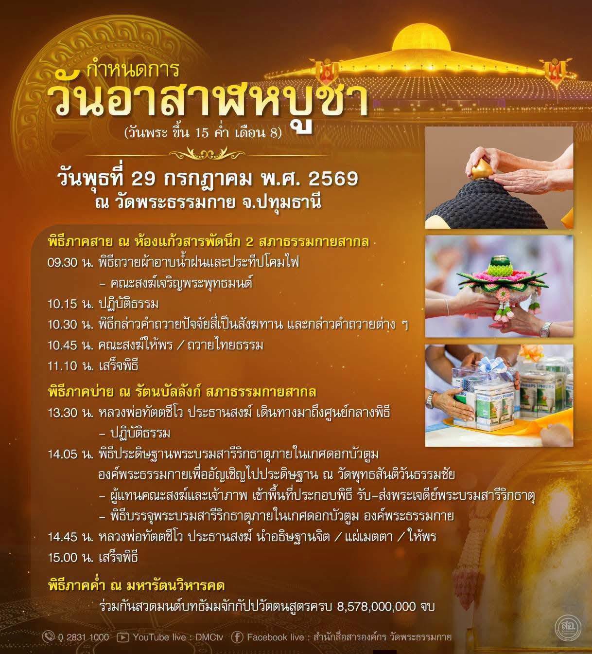 กำหนดการ วันอาสาฬหบูชา (วันพระ ขึ้น 15 ค่ำ เดือน 8)