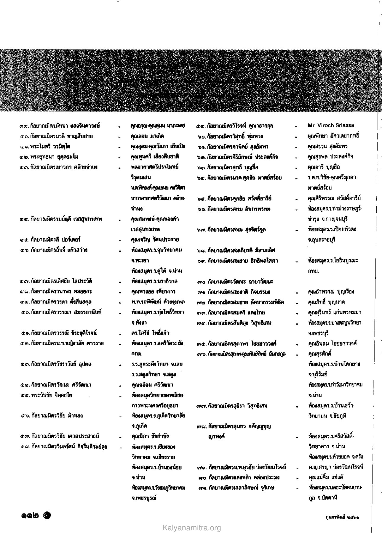 รายชื่อกัลยาณมิตร วารสารกัลยาณมิตร ปี 2531 ฉบับที่ 2 หน้า 114