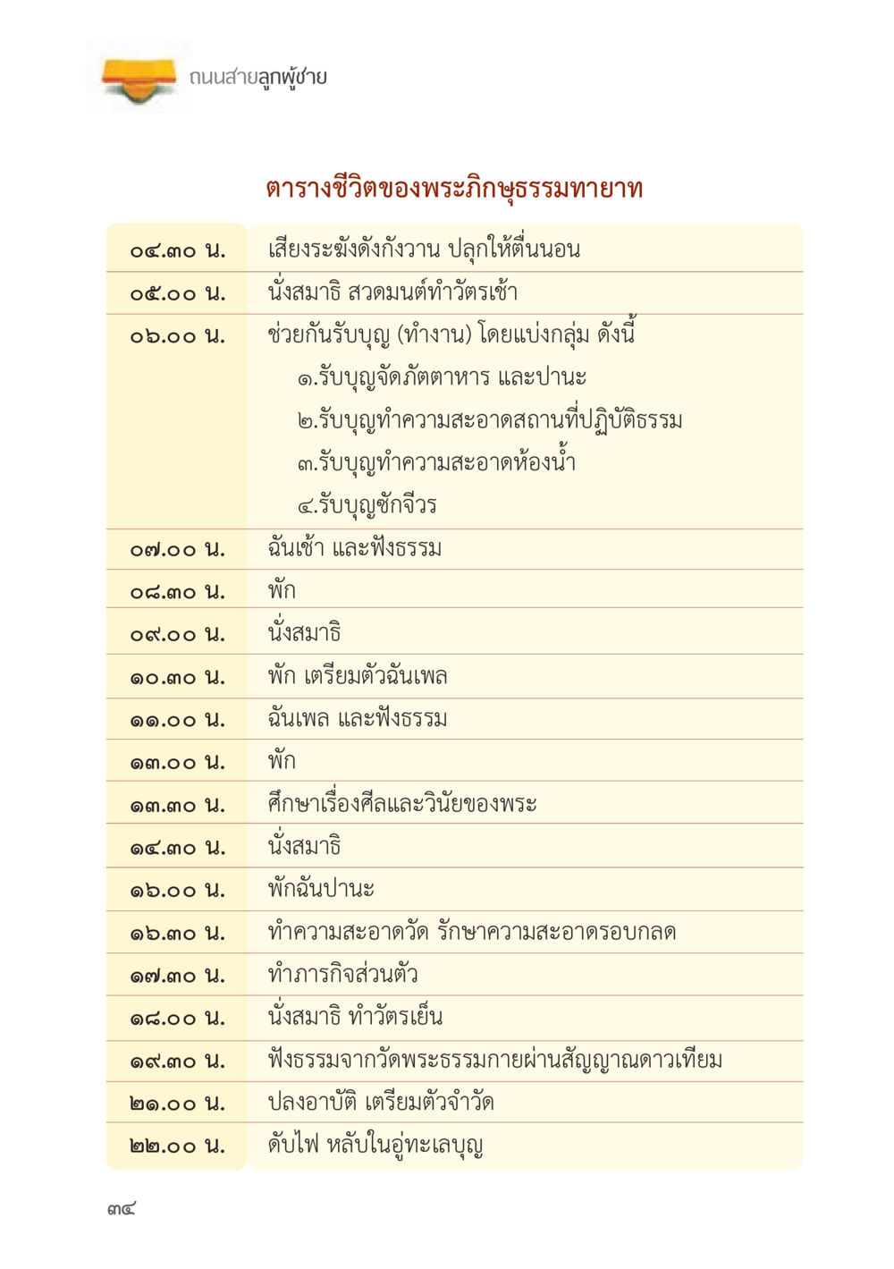 ตารางชีวิตของพระภิกษุธรรมทายาท ถนนสายลูกผู้ชาย หน้า 34