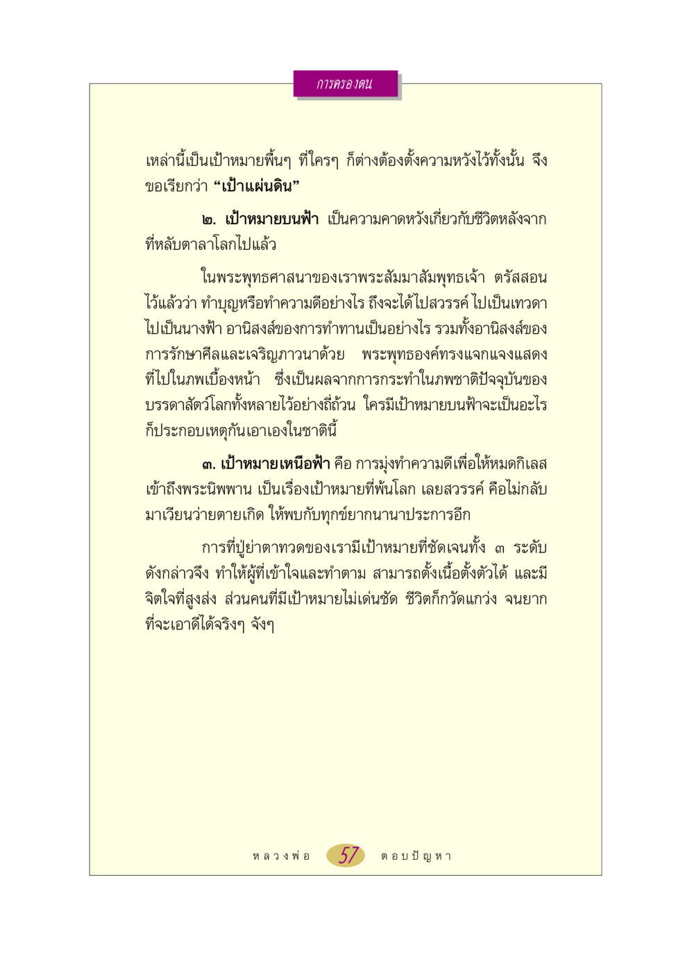 การครองตนและเป้าหมายในพระพุทธศาสนา หลวงพ่อตอบปัญหา เรื่อง การครองตน หน้า 57