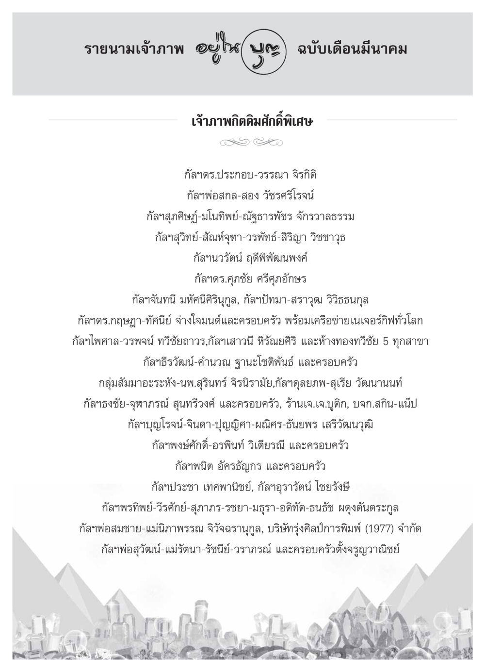 รายนามเจ้าภาพฉบับเดือนมีนาคม วารสารอยู่ในบุญ ประจำเดือน มีนาคม พ.ศ.2554 หน้า 111