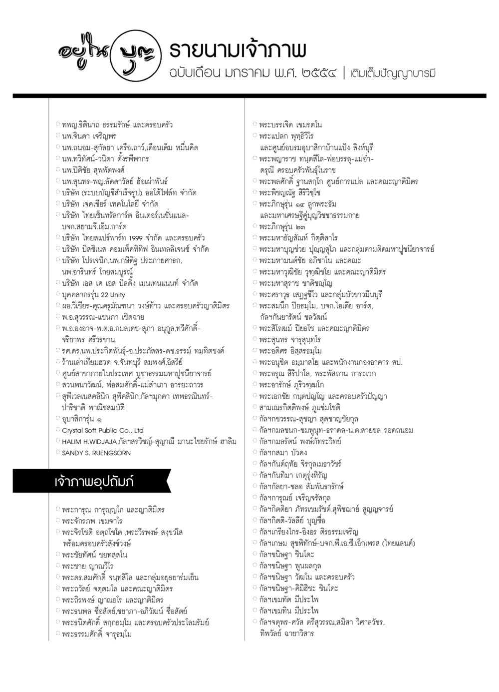 รายชื่อเจ้าภาพมงคล วารสารอยู่ในบุญ ประจำเดือน มกราคม พ.ศ.2554 หน้า 118