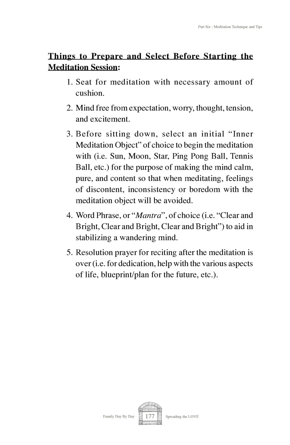 Meditation Technique and Preparation Tips Family Day By Day หน้า 179