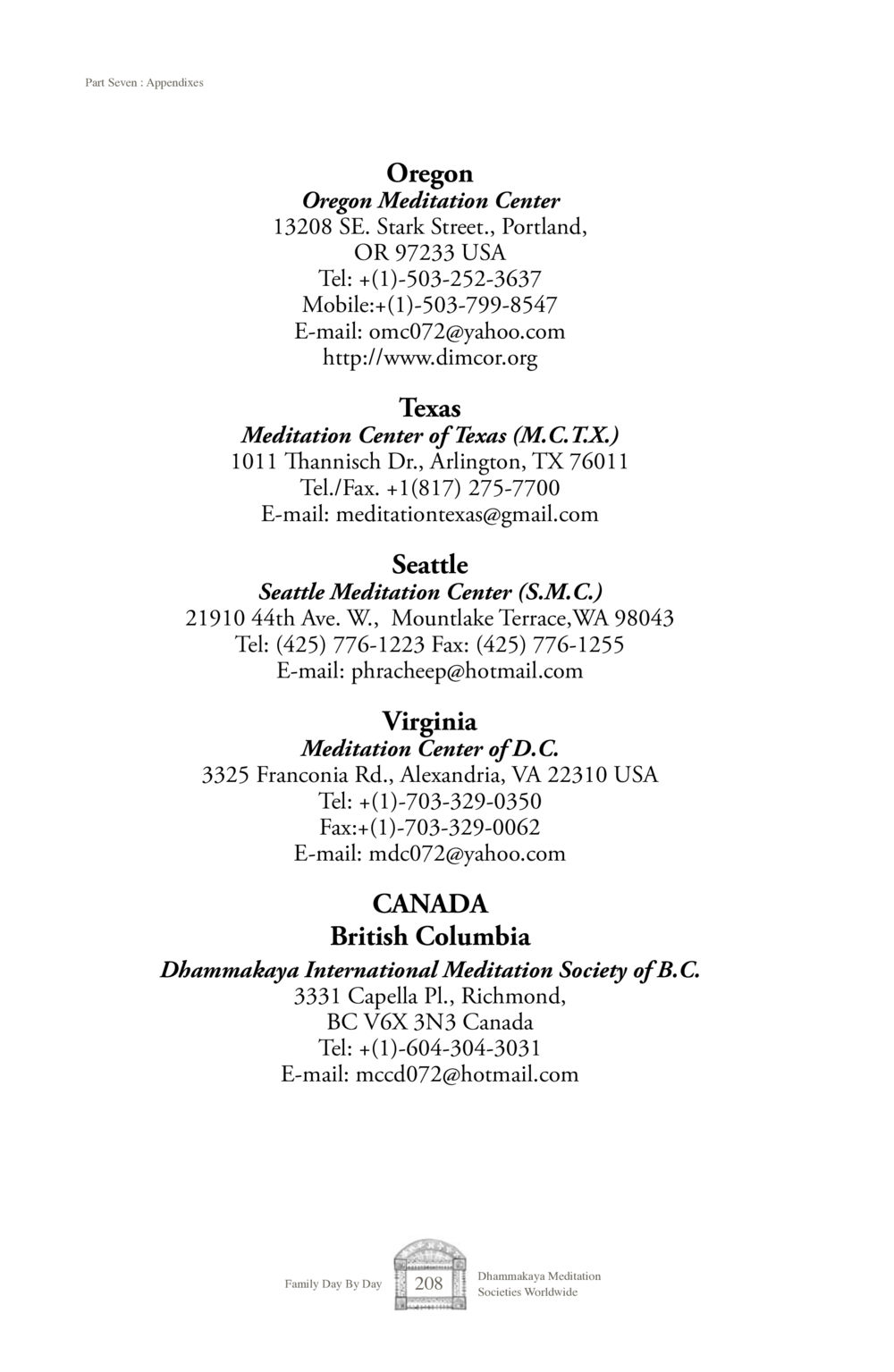Meditation Centers Across North America Family Day By Day หน้า 210