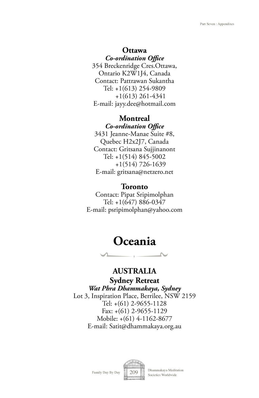 Dhammakaya Meditation Societies Worldwide - Contact Information Family Day By Day หน้า 211