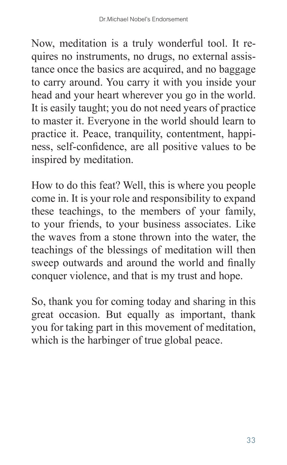 Dr. Michael Nobel's Endorsement of Meditation Golden Age of Inner Peace หน้า 33