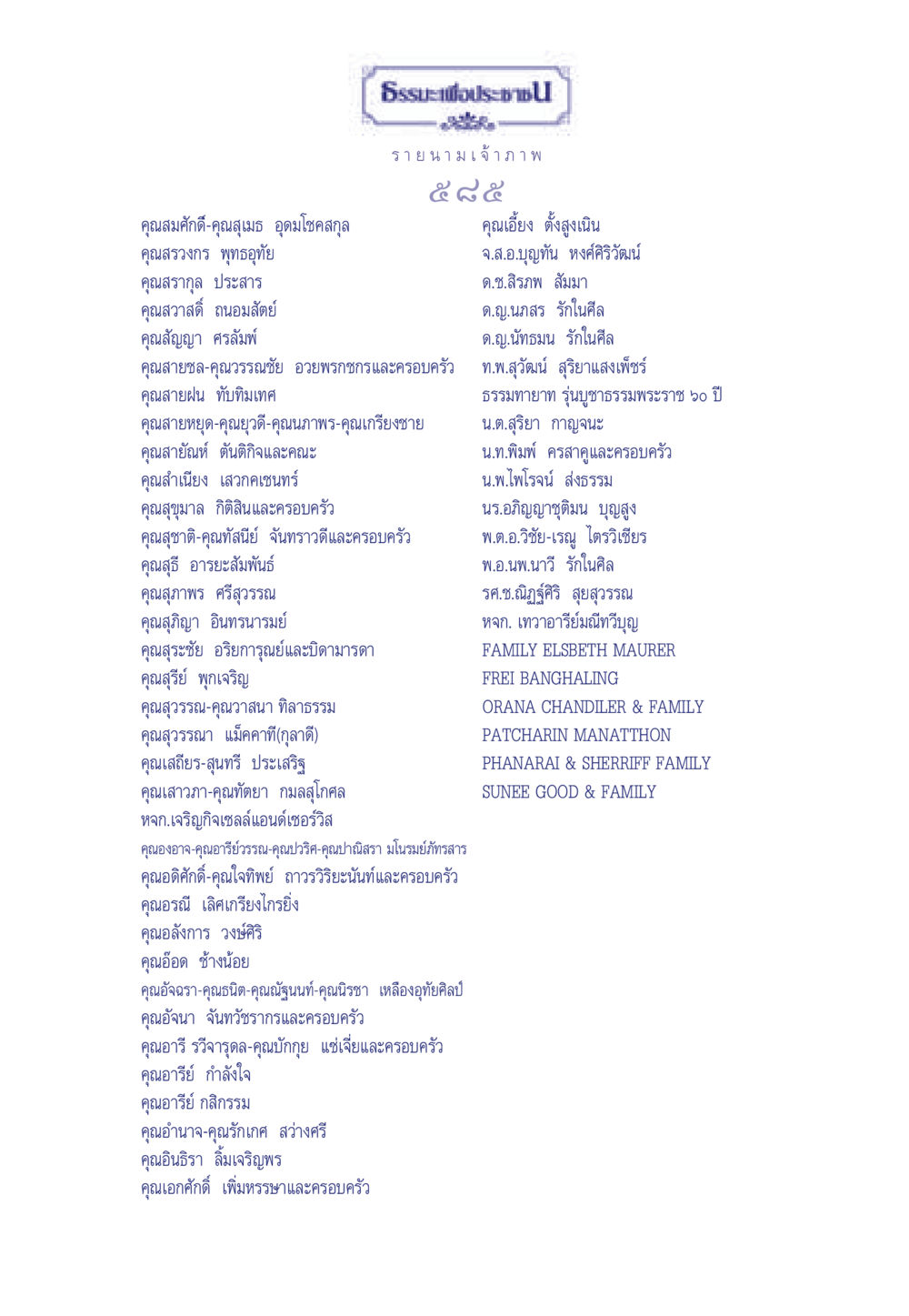 รายนามเจ้าภาพในการบูชาธรรม ธรรมะเพื่อประชาชน ฉบับพุทธคุณ หน้า 586