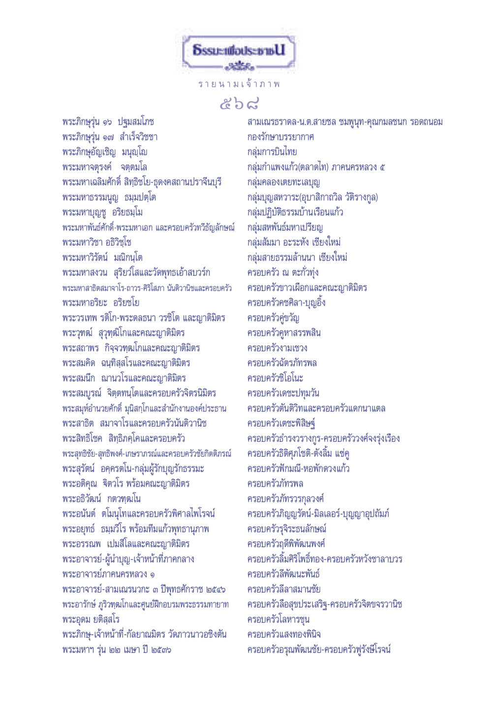 พระภิกษุและรายนามเจ้าภาพ ธรรมะเพื่อประชาชน มงคลชีวิต เล่ม 3 หน้า 569