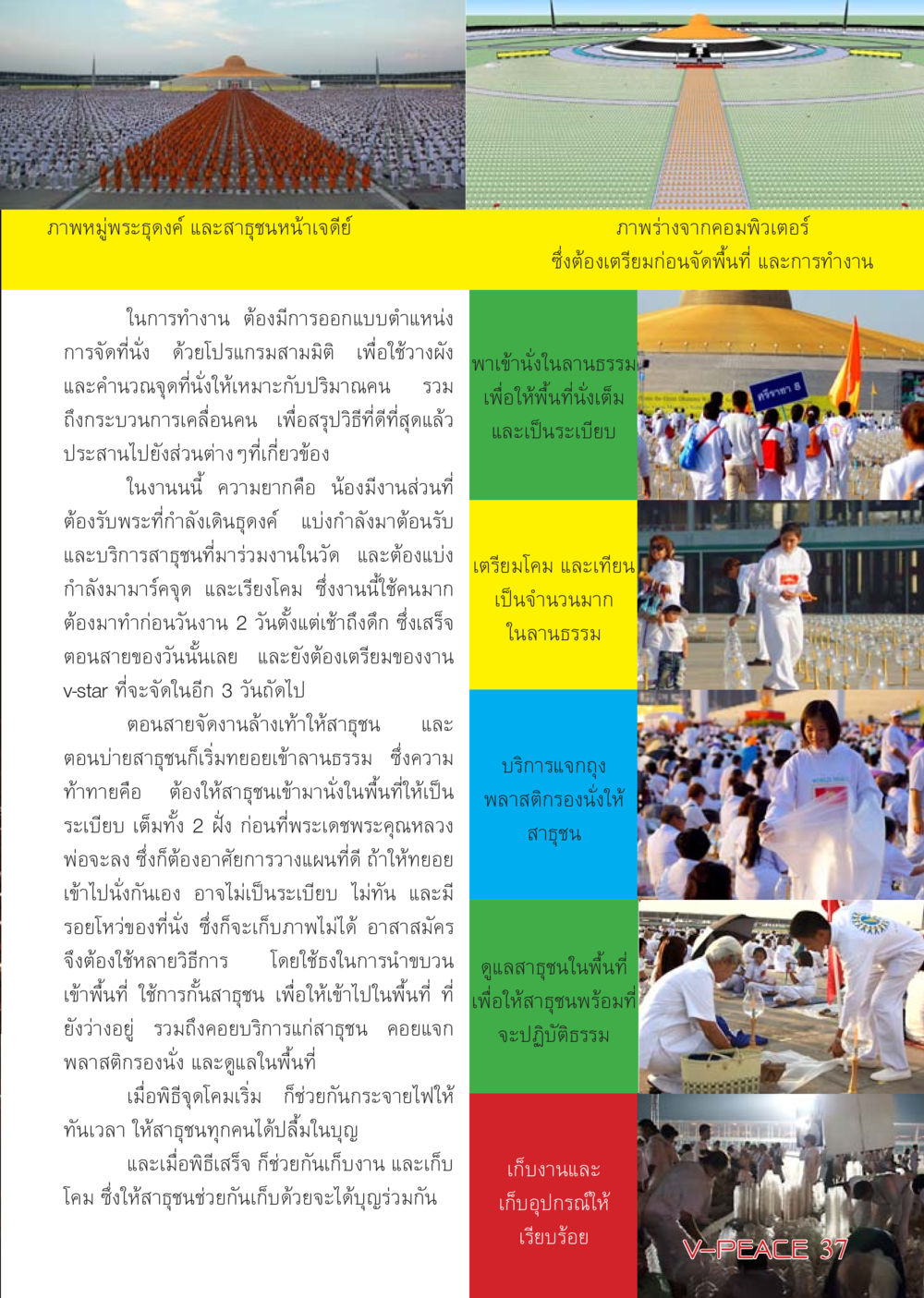 การเตรียมงานเพื่อรับพระและสาธุชนในวัด นิตยสาร V-Peace เดือนกุมภาพันธ์ พ.ศ.2555 หน้า 37