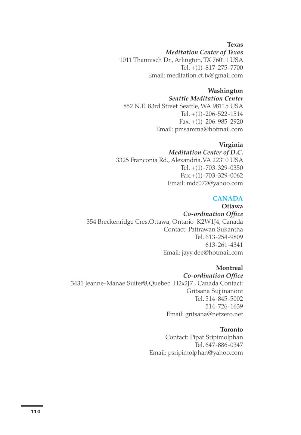 Meditation Centers Contact Information Pearls of Inner Wisdom หน้า 111