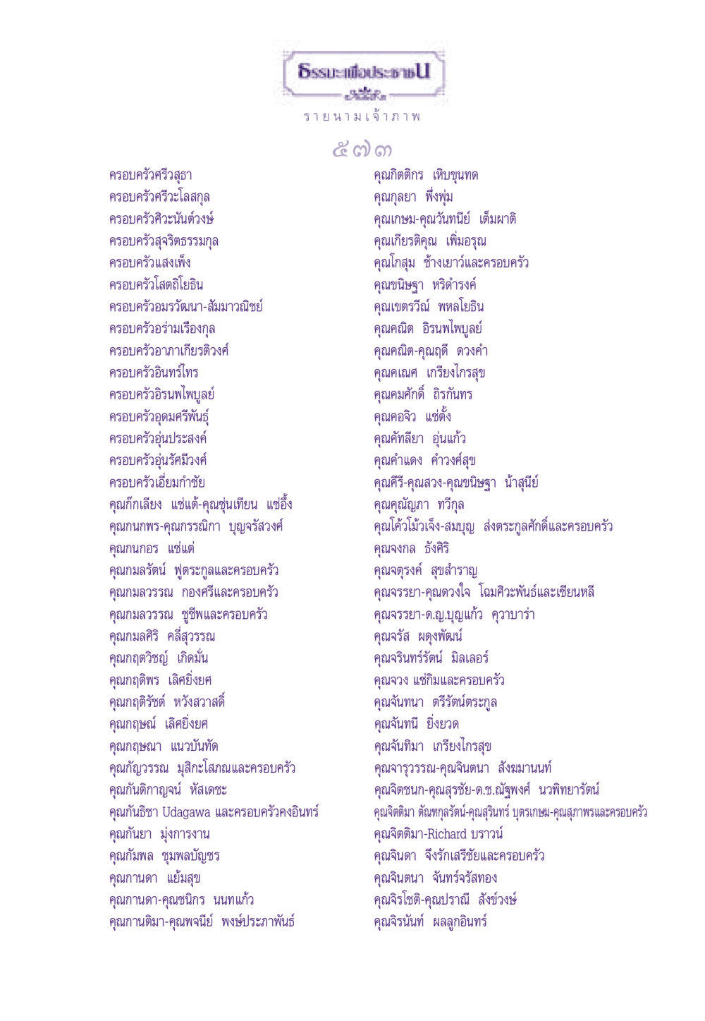 รายชื่อครอบครัวและเจ้าภาพ ธรรมะเพื่อประชาชน ฉบับอานิสงส์แห่งบุญ 1 หน้า 574