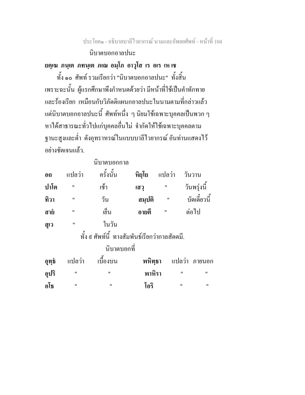 บาลีไวยากรณ์: นิบาตบอกอาลปนะและกาล อธิบายบาลีไวยากรณ์ นามและอัพพยศัพท์ หน้า 106