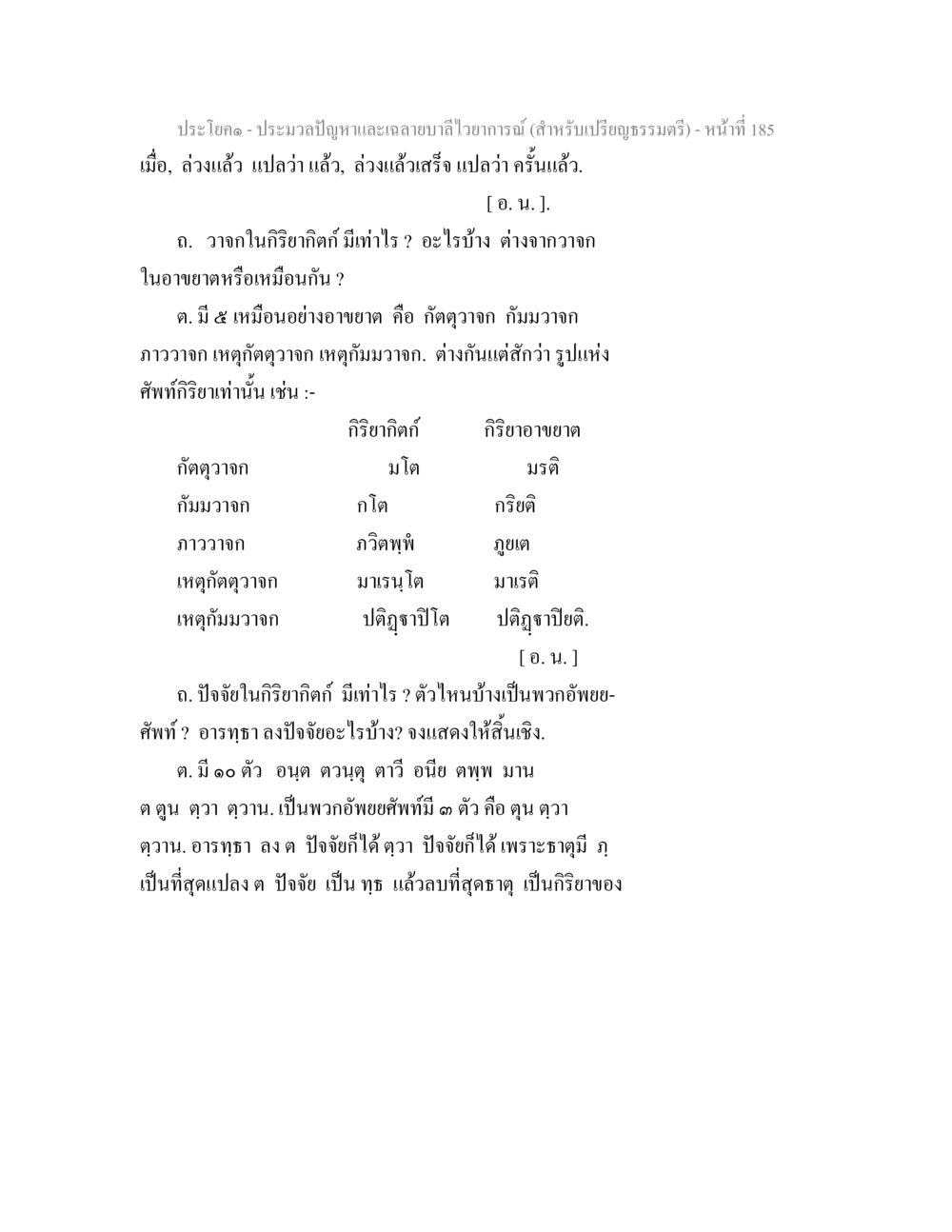 ปัญหาและลักษณะวิทยากรสำหรับเปรียญธรรมตรี ประมวลปัญหาและเฉลายบาลีไวยาการณ์ (สำหรับเปรียญธรรมตรี) หน้า 188