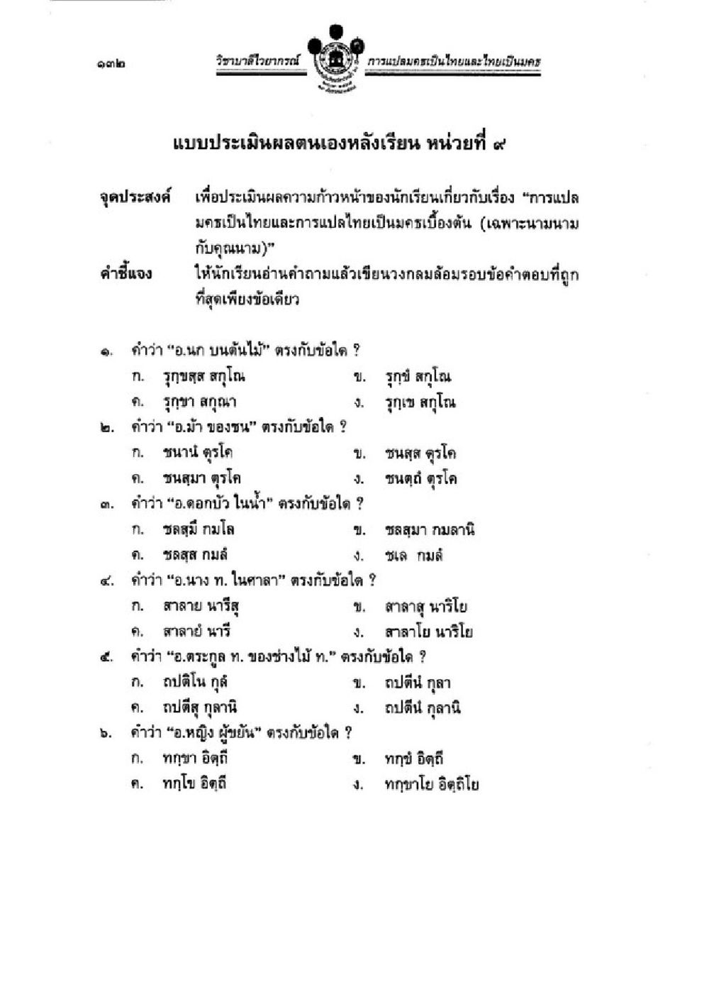 แบบประเมินผลตนเองหลังเรียน หน่วยที่ 9 วิชาบาลีไวยากรณ์ เล่ม 1 หน้า 156