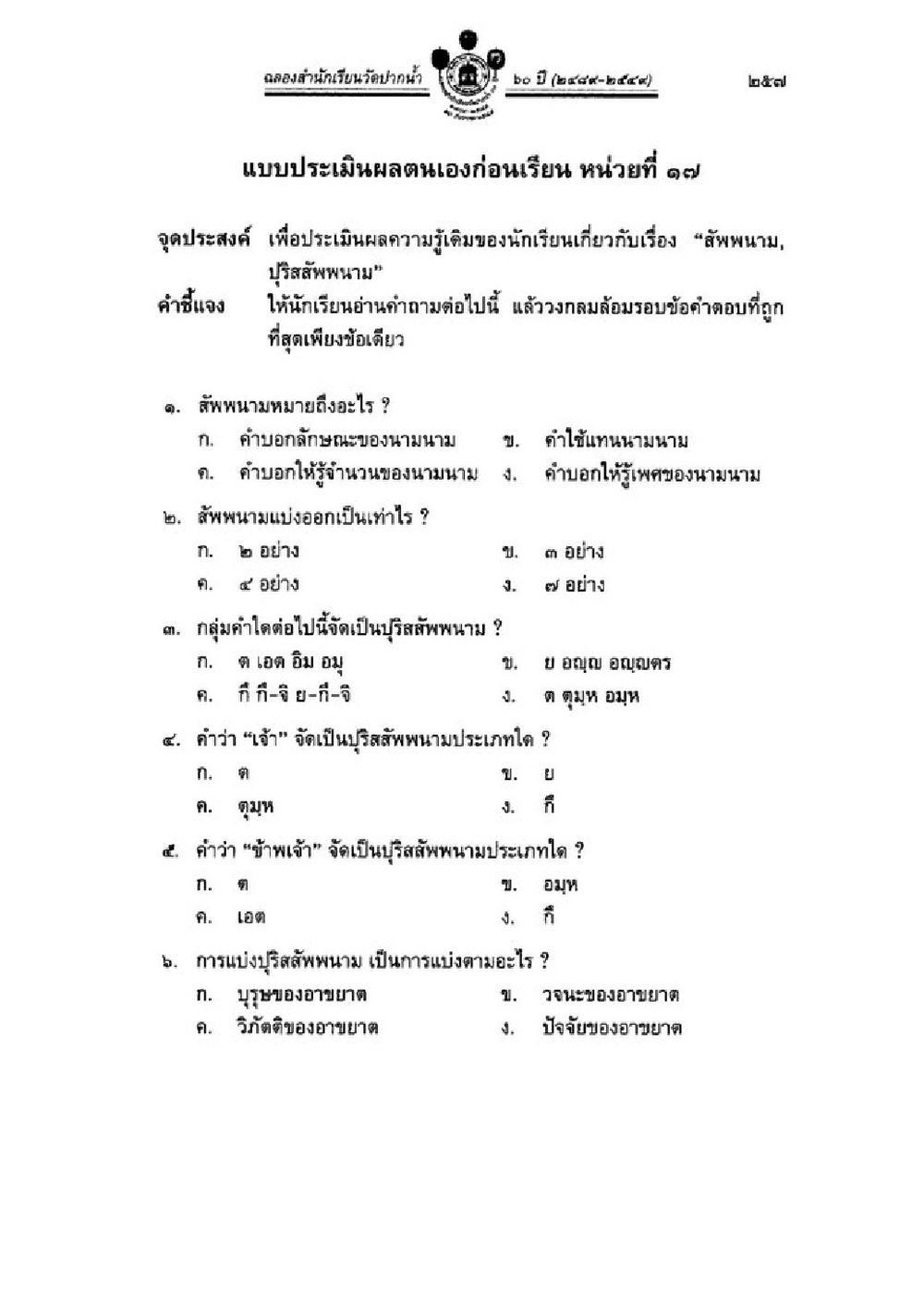 การศึกษาเรื่องสัพพนามในภาษาไทย วิชาบาลีไวยากรณ์ เล่ม 1 หน้า 281
