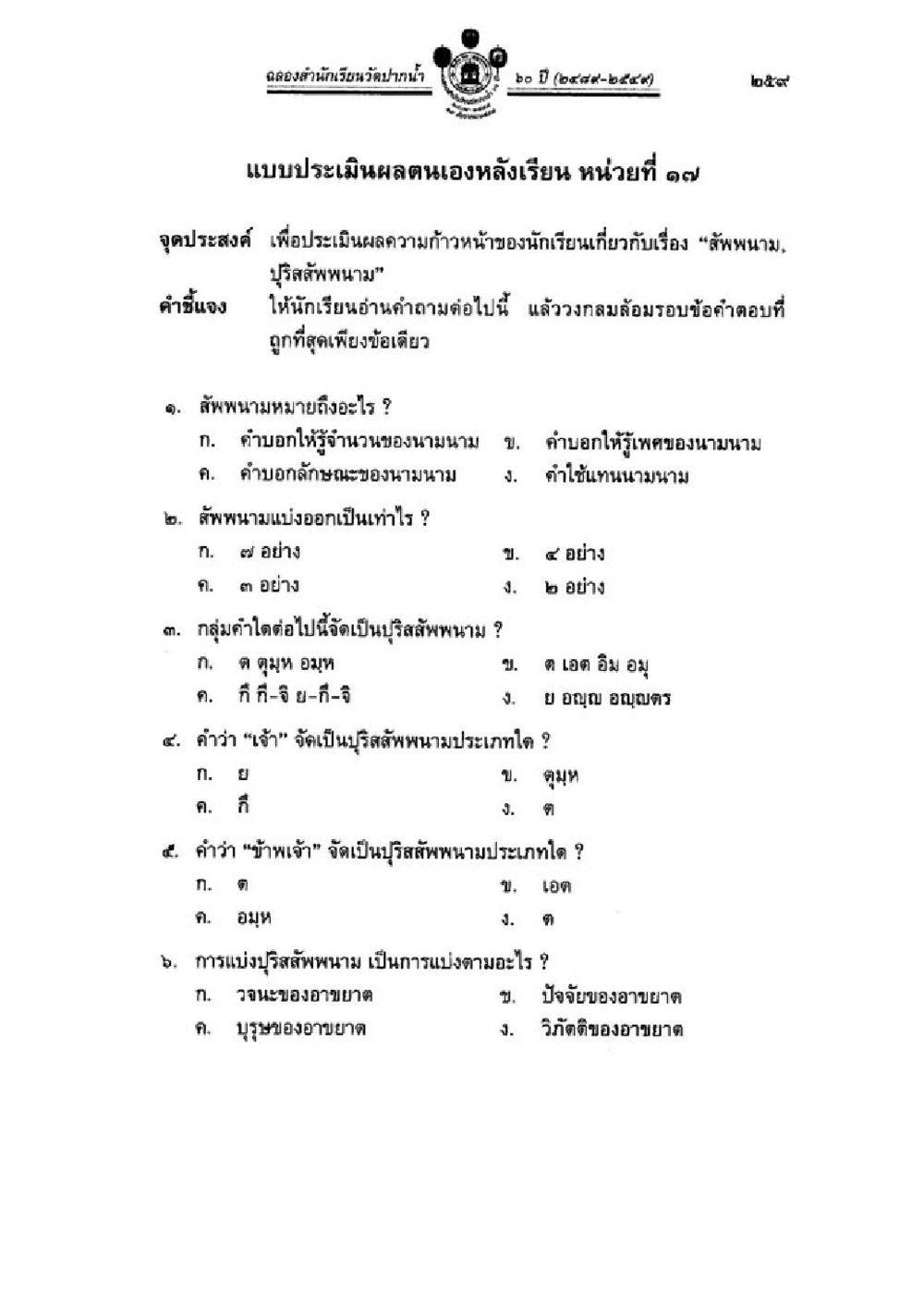 แบบประเมินผลตนเองเกี่ยวกับสัฟหนาม วิชาบาลีไวยากรณ์ เล่ม 1 หน้า 283