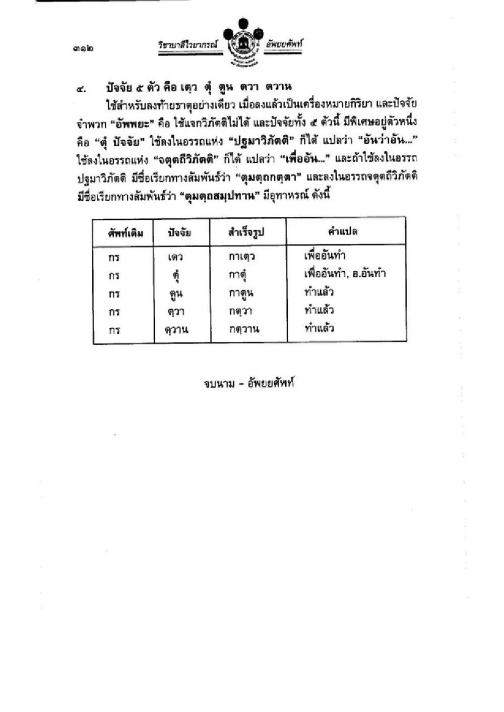 ปัจจัย 5 ตัวในภาษาไทย วิชาบาลีไวยากรณ์ เล่ม 1 หน้า 336