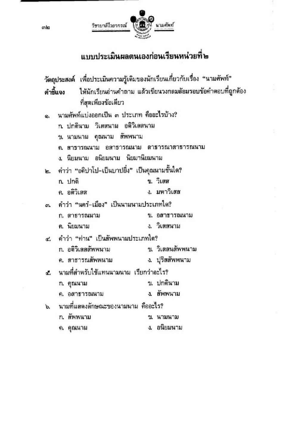 แบบประเมินผลตนเองก่อนเขียนหน่วยที่² วิชาบาลีไวยากรณ์ เล่ม 1 หน้า 56