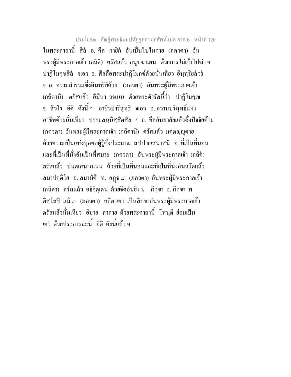 พระธัมมปฏิภาณและการปฏิบัติภาวนา คัณฐีพระธัมมปทัฏฐกถา ยกศัพท์แปล ภาค 6 หน้า 120