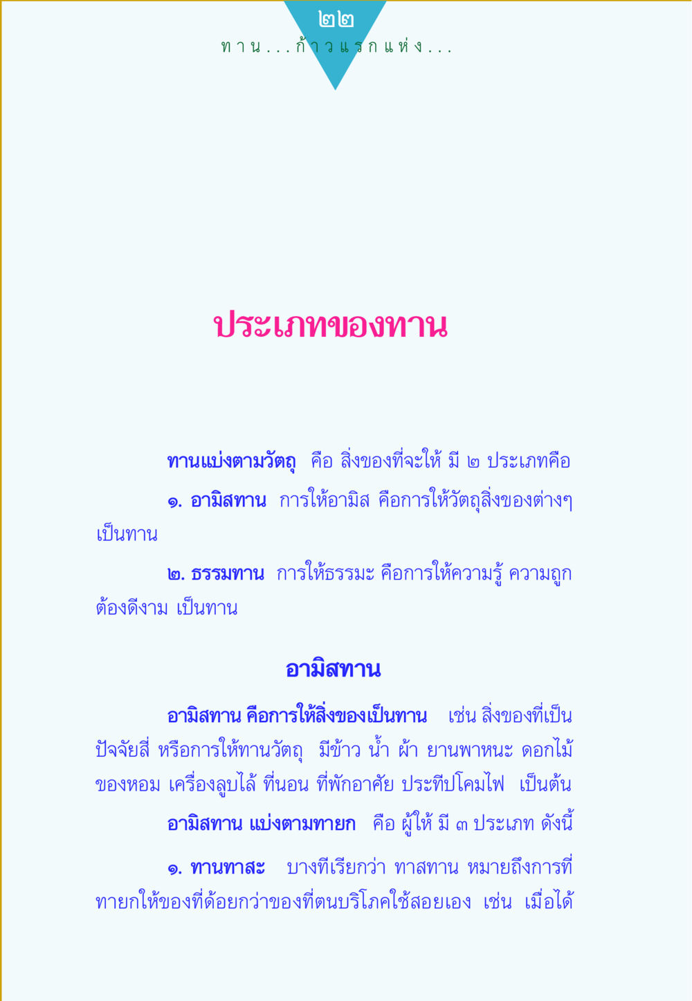 ประเภทของทานในพระพุทธศาสนา ทาน...ก้าวแรกแห่งการพัฒนาคุณภาพชีวิต หน้า 22