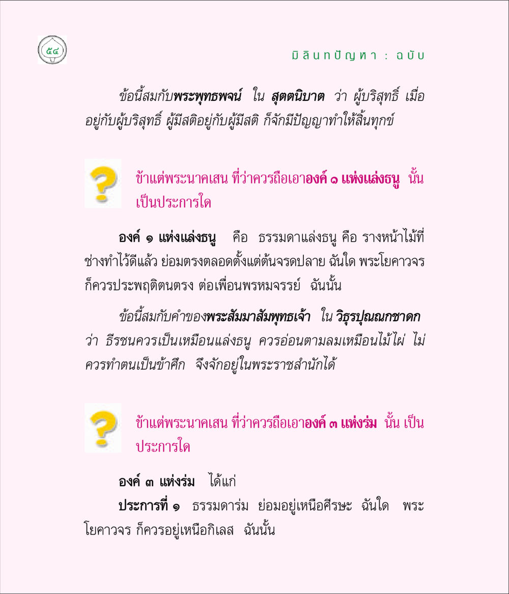 ข้อสรุปคำสอนพระพุทธเจ้าเกี่ยวกับการประพฤติปฏิบัติ มิลินทปัญหา หน้า 54