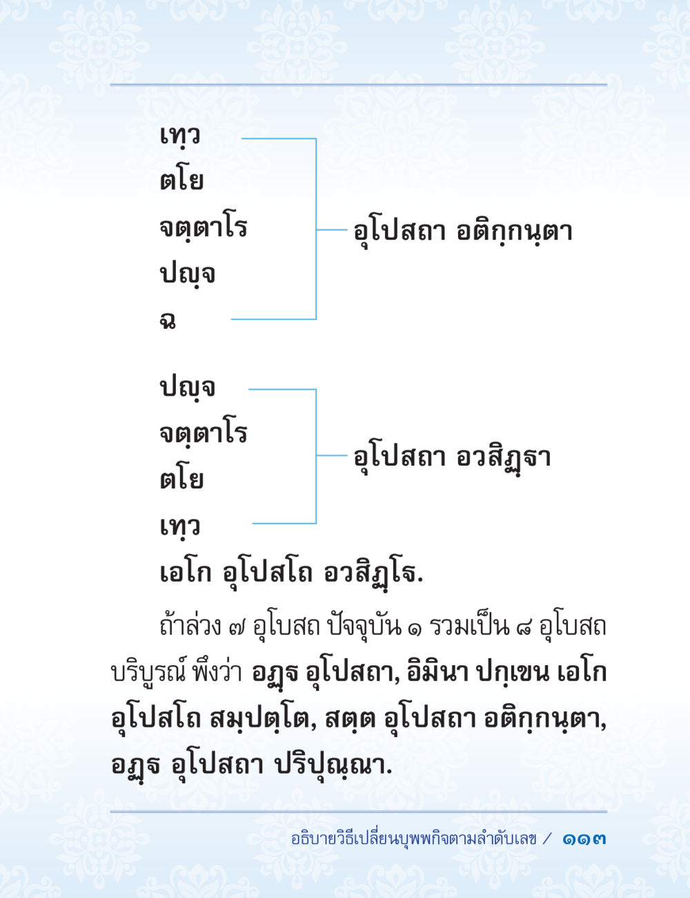 การเปลี่ยนพุทธกิจตามลำดับเลข ปาฏิโมกข์ ฉบับฉลองวันธรรมชัย หน้า 113