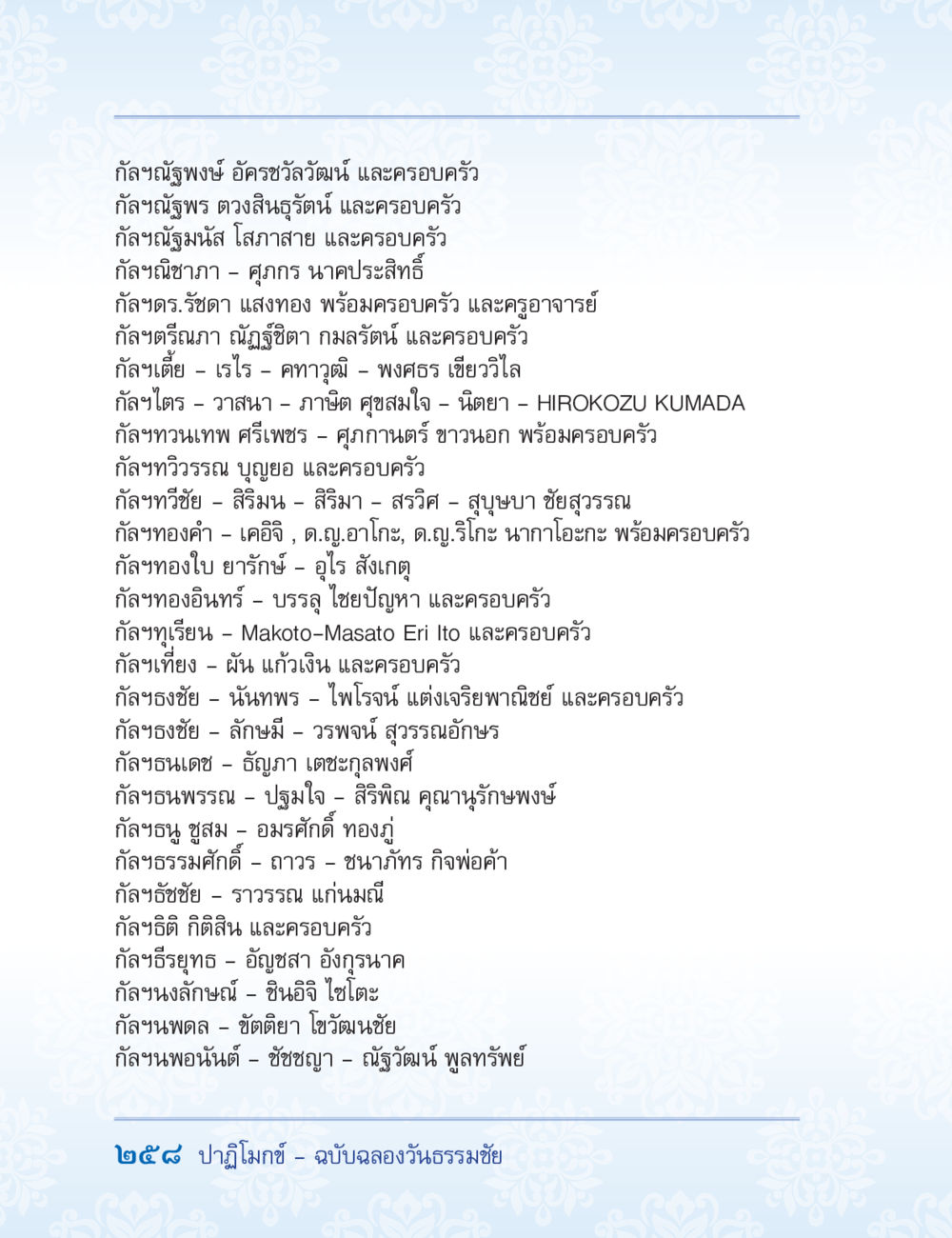 รายชื่อบุคคลและครอบครัวในกัลยาณัฐ ปาฏิโมกข์ ฉบับฉลองวันธรรมชัย หน้า 258