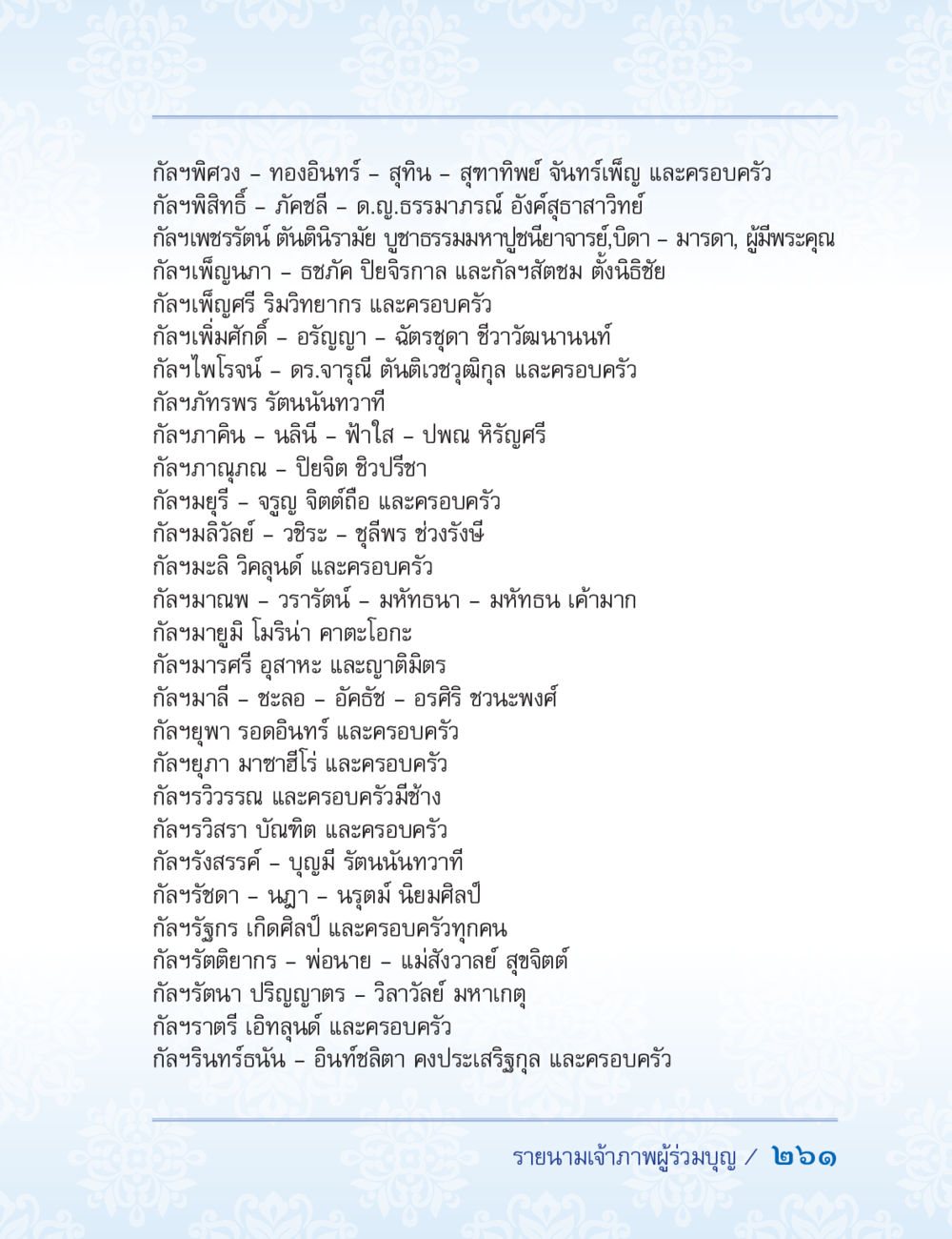 รายชื่อนามสกุลกัลยาและครอบครัว ปาฏิโมกข์ ฉบับฉลองวันธรรมชัย หน้า 261