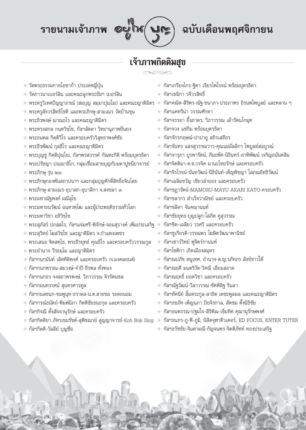 รายนามเจ้าภาพฉบับเดือนพฤศจิกายน วารสารอยู่ในบุญ ประจำเดือน พฤศจิกายน พ.ศ.2555 หน้า 92
