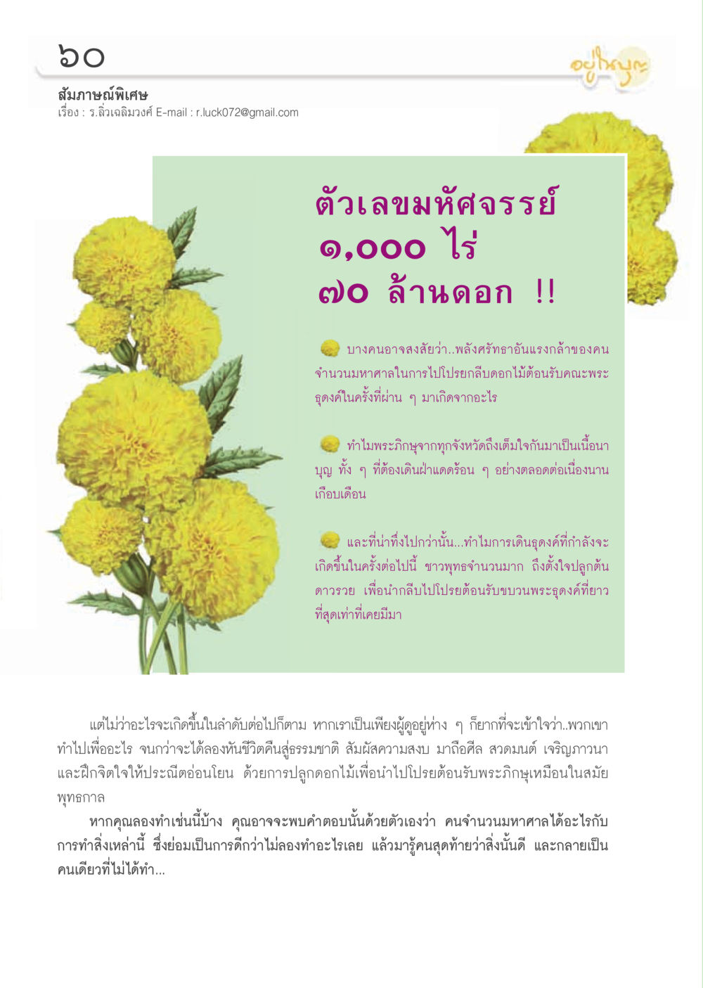 การปลูกดอกไม้เพื่อสำนึกในพระบารมี วารสารอยู่ในบุญ ประจำเดือน ธันวาคม พ.ศ.2555 หน้า 62
