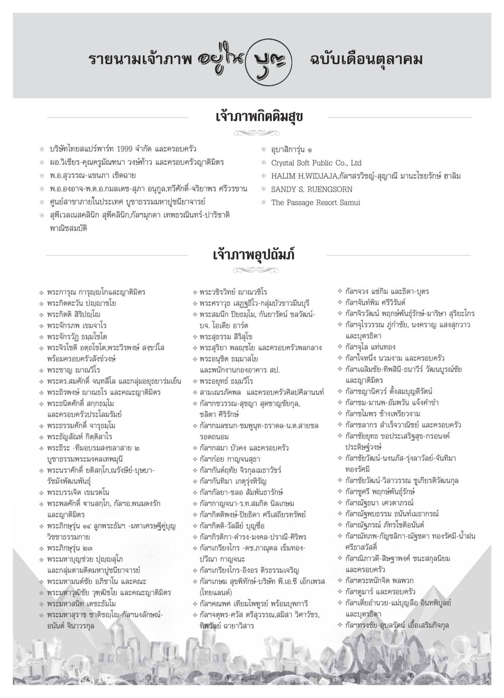 รายชื่อเจ้าภาพใน Je เดือนตุลาคม วารสารอยู่ในบุญ ประจำเดือน ตุลาคม พ.ศ.2553 หน้า 103