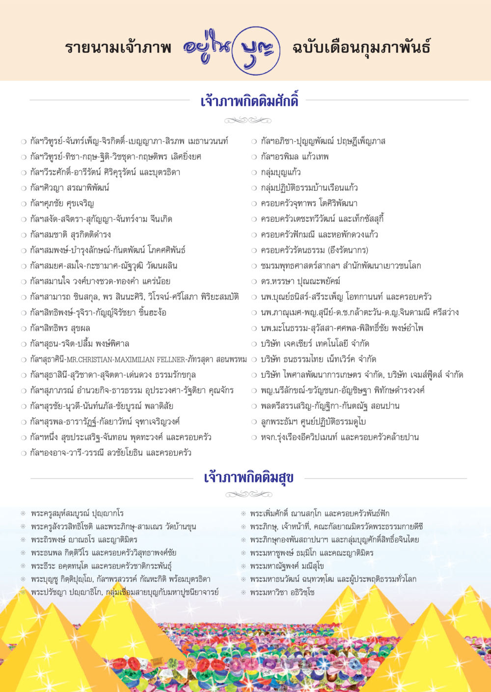 รายการเจ้าภาพและกลุ่มเชื้อสายในพิธีธรรม วารสารอยู่ในบุญ ประจำเดือน กุมภาพันธ์ พ.ศ.2556 หน้า 118