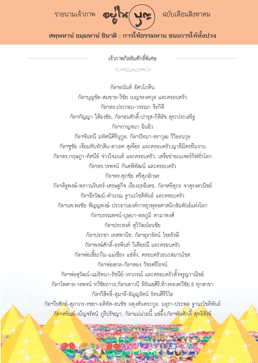 รายนามเจ้าภาพ ฉบับเดือนสิงหาคม วารสารอยู่ในบุญประจำเดือน สิงหาคม พ.ศ.2556 หน้า 106