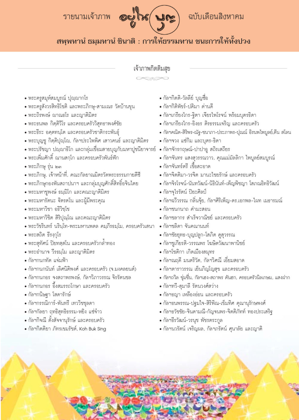 รายนามเจ้าภาพ ฉบับเดือนสิงหาคม วารสารอยู่ในบุญประจำเดือน สิงหาคม พ.ศ.2556 หน้า 110