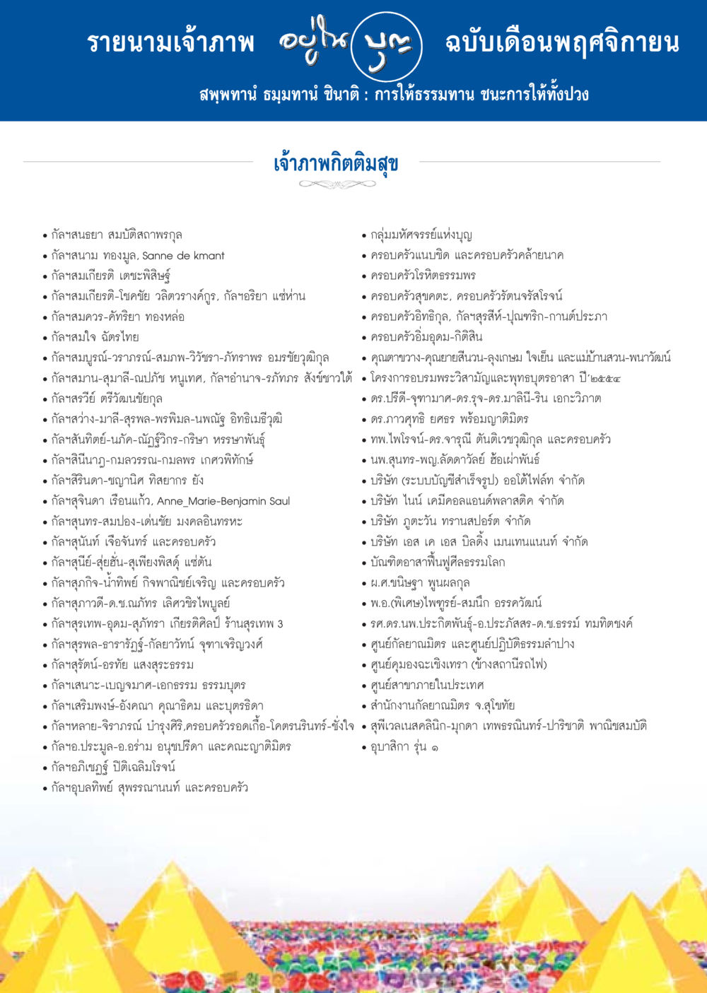 รายนามเจ้าภาพในกิจกรรม วารสารอยู่ในบุญประจำเดือน พฤศจิกายน พ.ศ.2556 หน้า 101