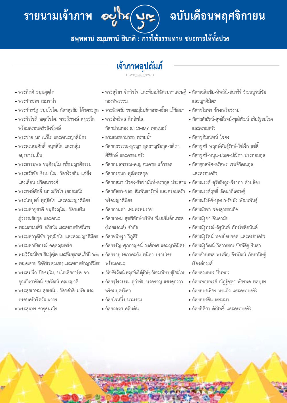 รายนามเจ้าภาพประจำเดือนพฤศจิกายน วารสารอยู่ในบุญประจำเดือน พฤศจิกายน พ.ศ.2556 หน้า 102